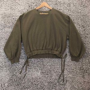 Zara Cropped Sweater Women Medium Green Crew Neck Elastic Waist Long Sleeves